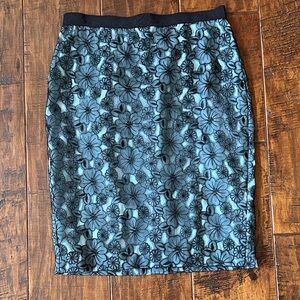Ann Taylor Black and Blue Floral Pencil Skirt